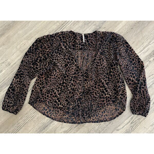 Free People Leopard Print Oversized Semi Sheer Button Down Blouse Top Womens XS